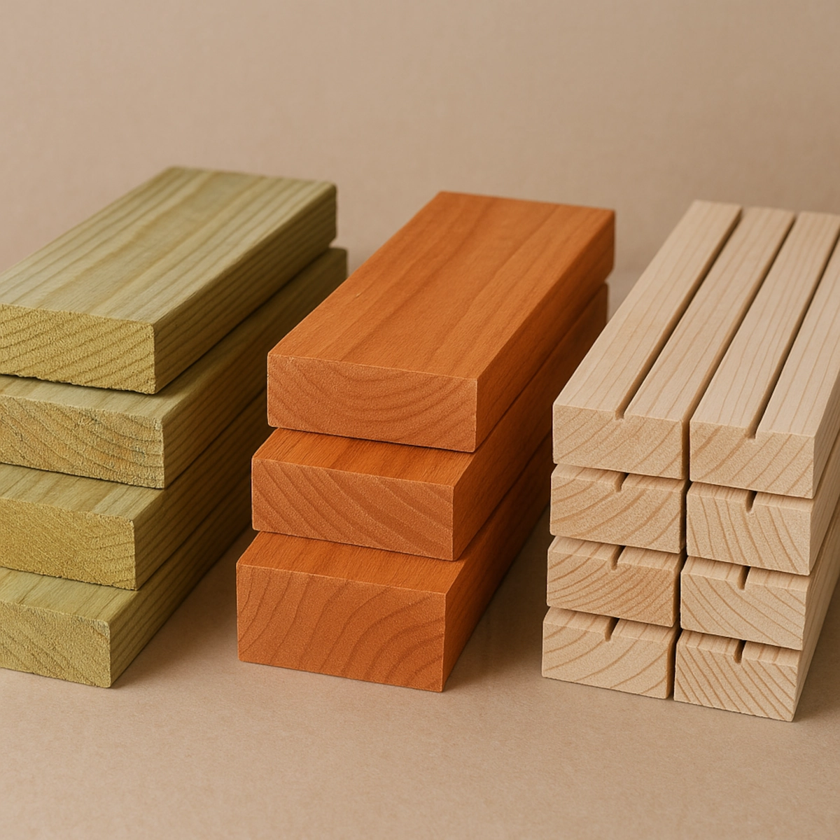 Three types of wood planks arranged side by side.