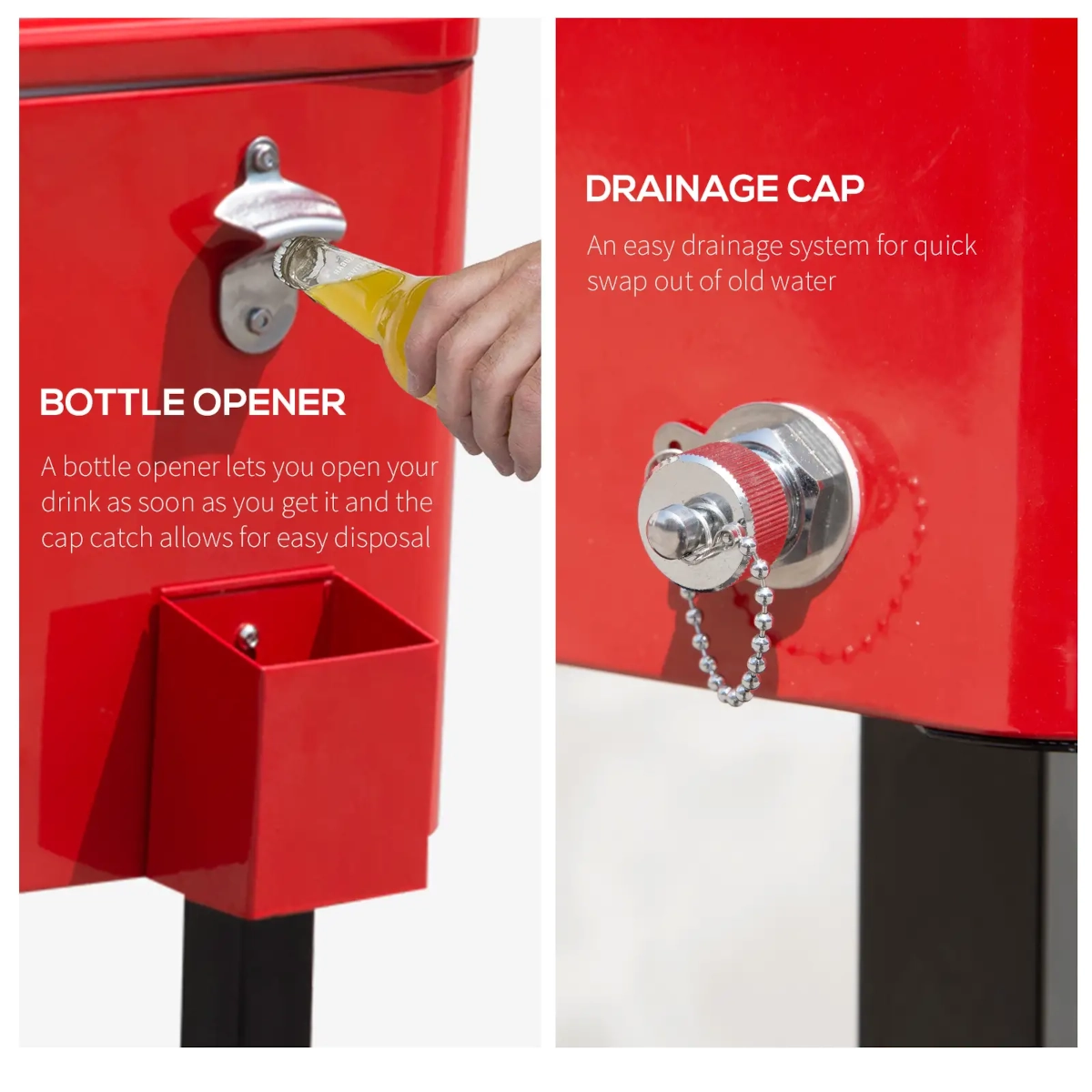 Red cooler closeup showing built-in bottle opener and drainage cap for easy use.