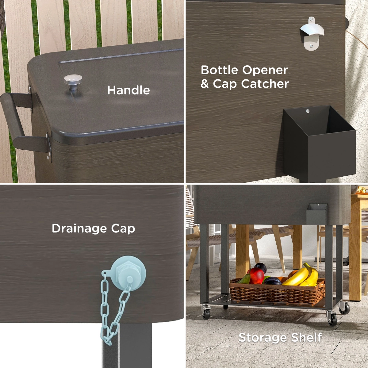 Cooler with labeled features: handle, bottle opener, drainage cap, and storage shelf.