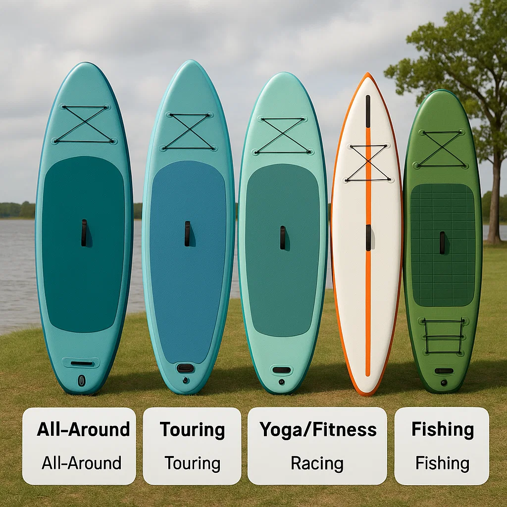 Five paddle boards lined up vertically, representing various activity types like touring and fishing.
