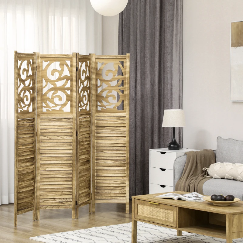 Wooden room divider with carved swirl patterns in modern living room.