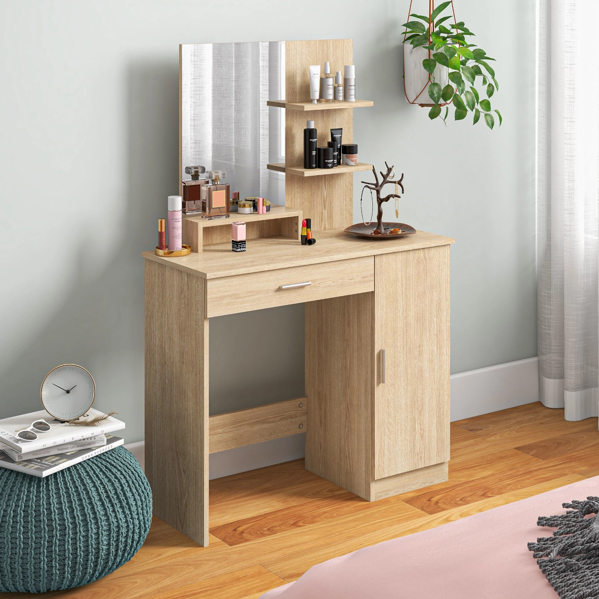 Wooden vanity table with shelves, mirror, and cosmetics neatly arranged in a bright bedroom.