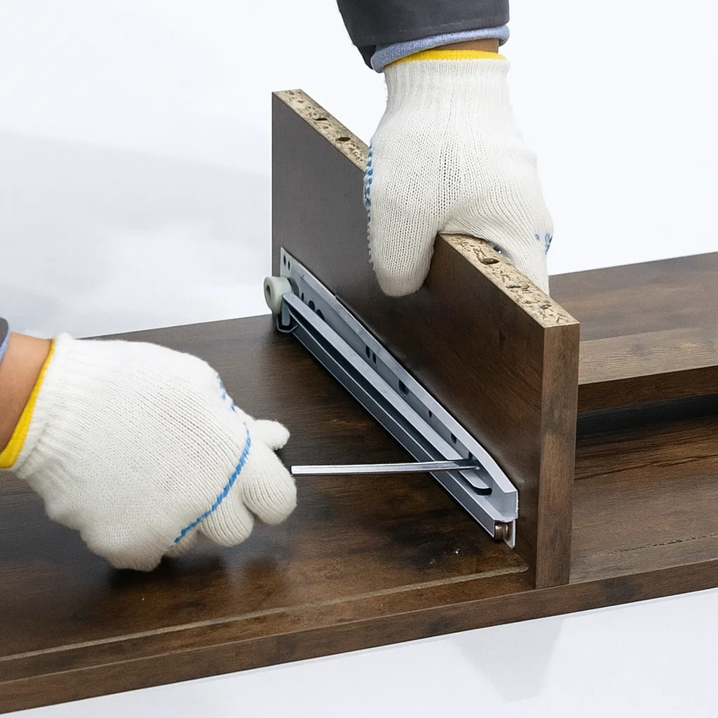 Worker in gloves fixing center rail support with screwdriver.