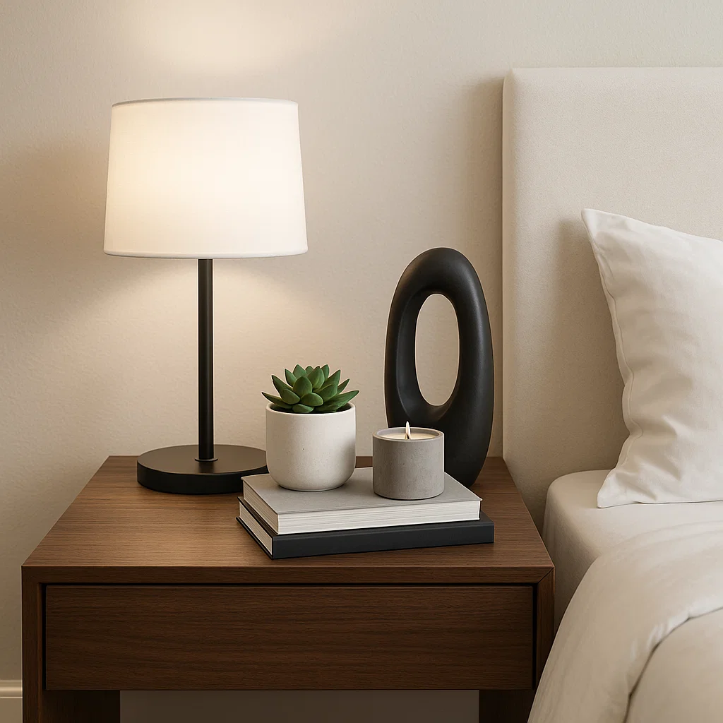 Bedside table with lamp, books, plant, candle, and sculpture.