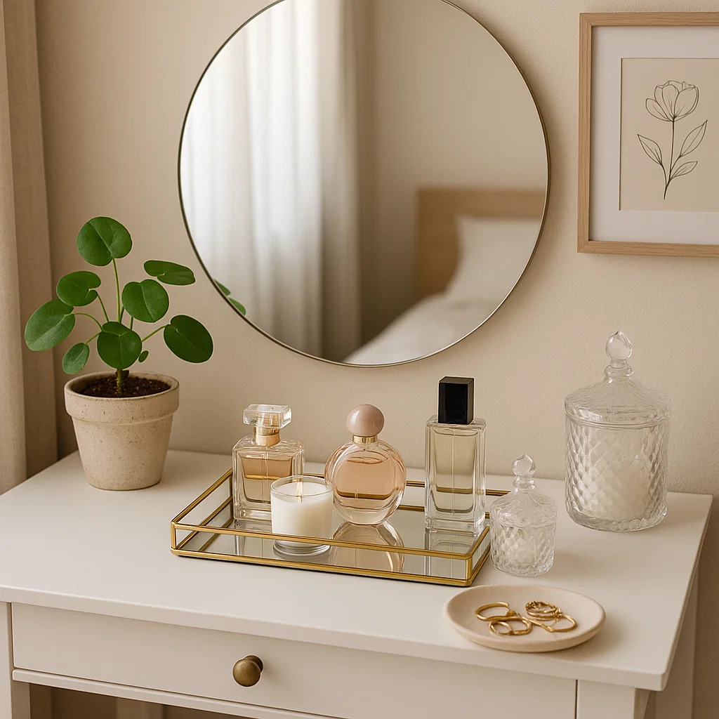 Minimalist vanity table with mirror, candles, perfume bottles, jewelry, and a potted plant.