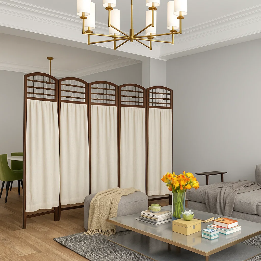 Wooden room divider with cream fabric panels, enhancing a living room's cozy ambiance.