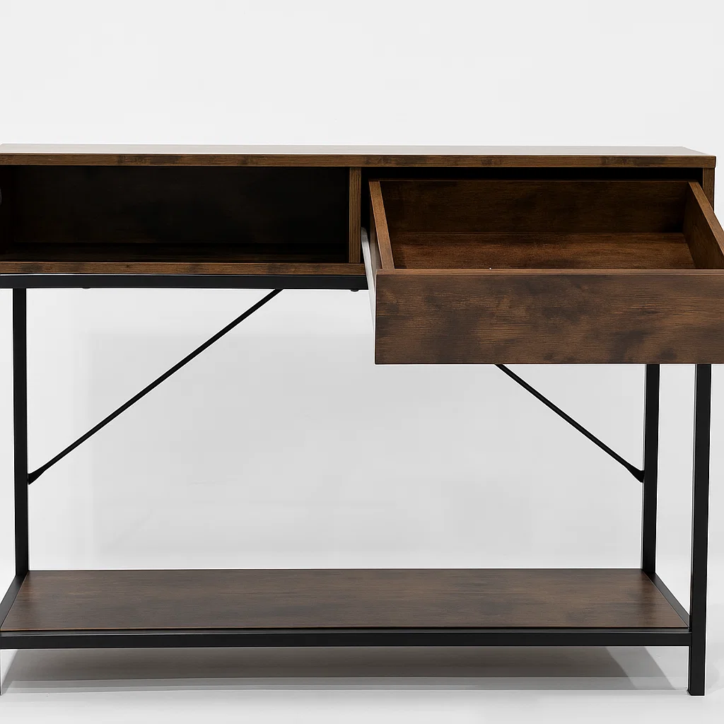 Modern console table with drawers, decor, and storage basket.