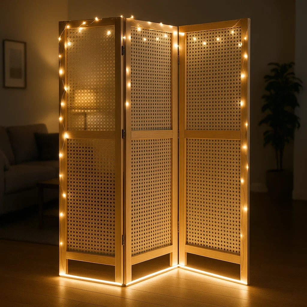 Wooden room divider adorned with string lights for a warm and inviting atmosphere.