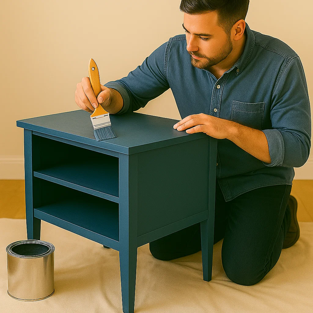 Finished blue-painted bedside table with drawer and shelves, styled for a modern bedroom look.