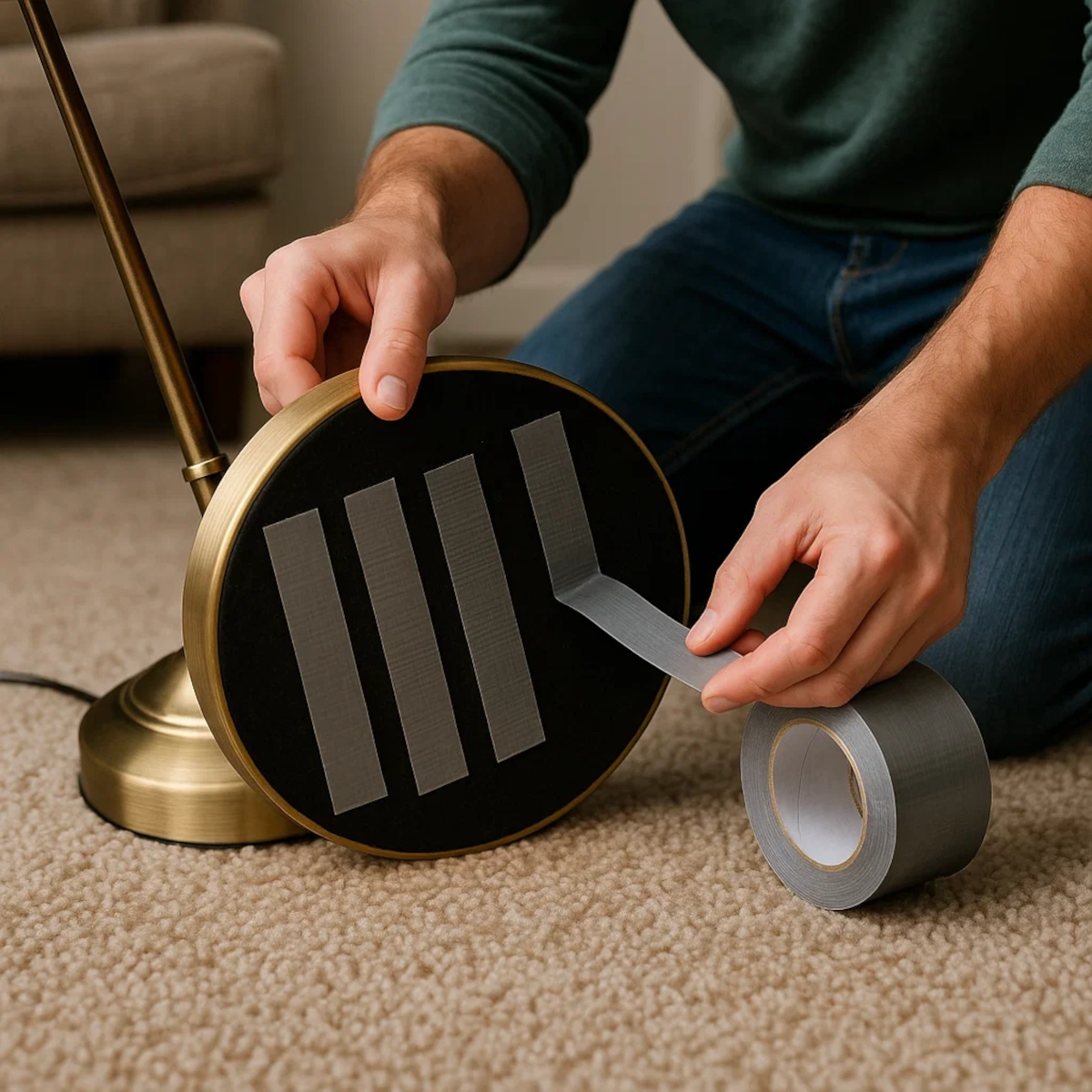Duct tape strips applied to the underside of a floor lamp base on carpet.