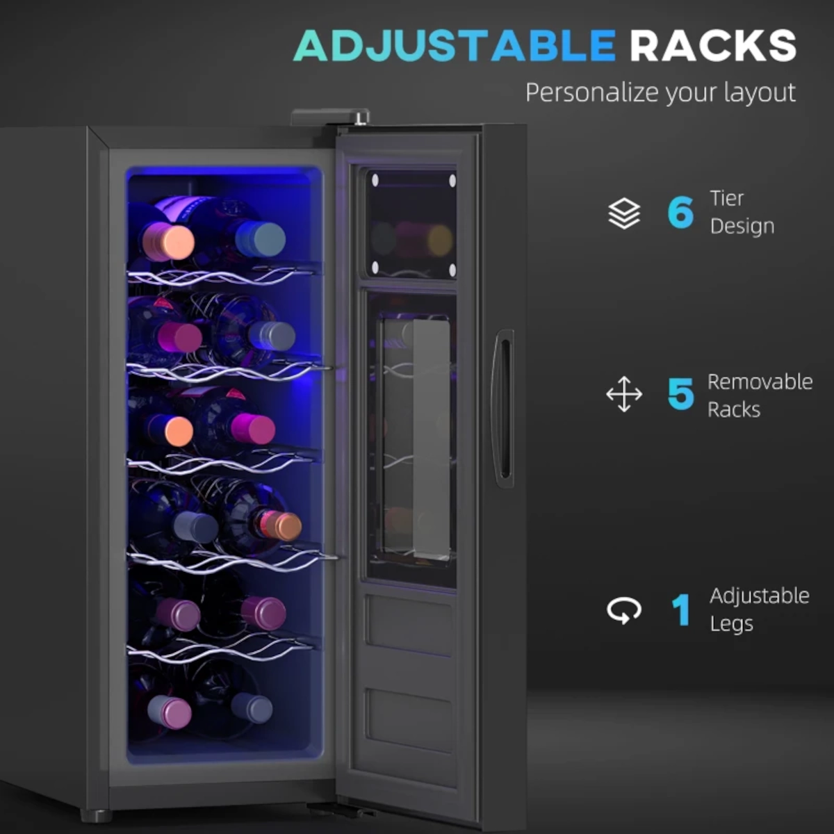 Open wine fridge showing six adjustable chrome racks