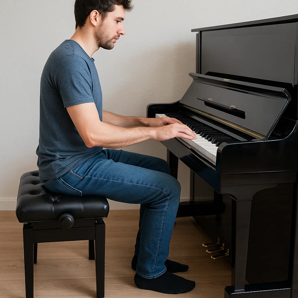 Pianist adjusting seat height on a black adjustable piano bench
