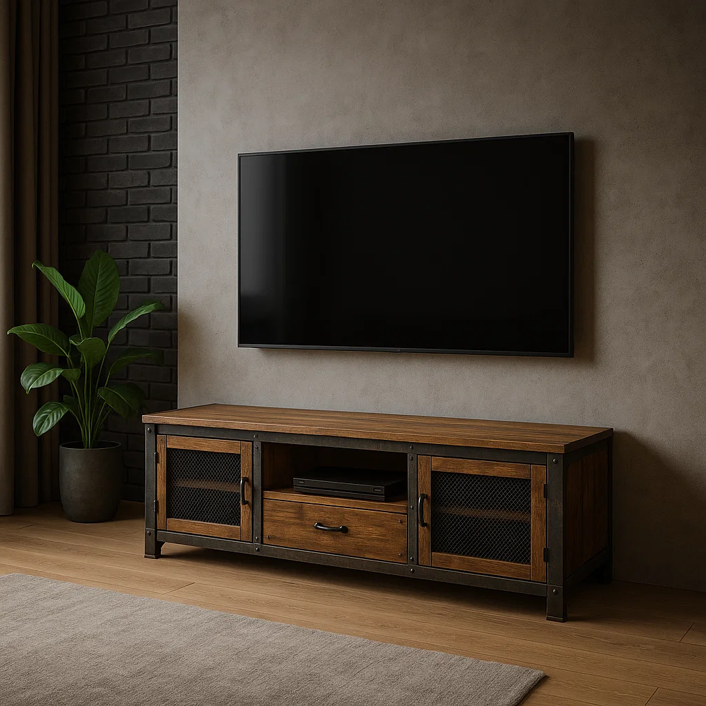 TV stand with warm ambient lighting, plants, and a wall-mounted TV creating a stylish, cozy living room.