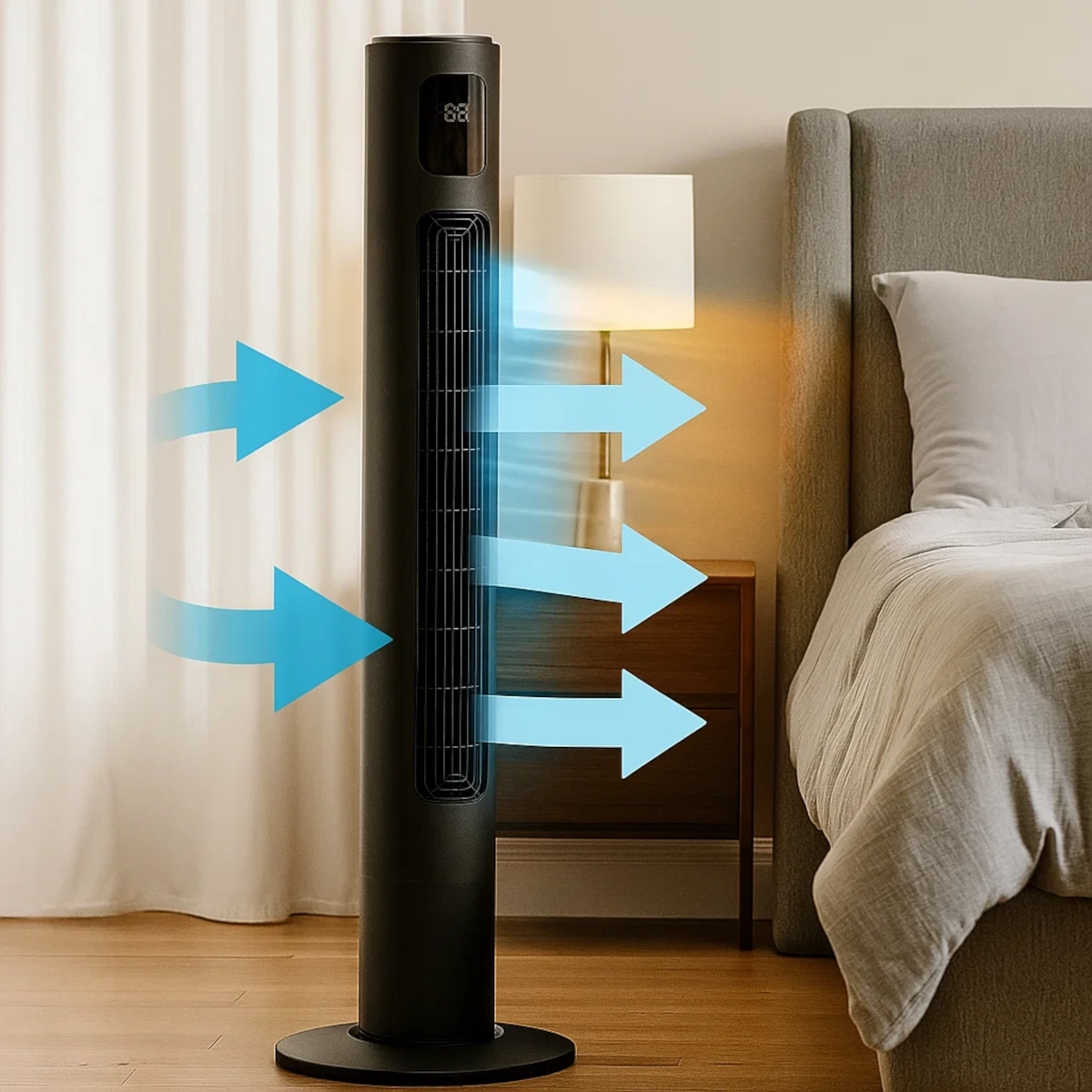 Blue airflow arrows showing tower fan cooling a bedroom.