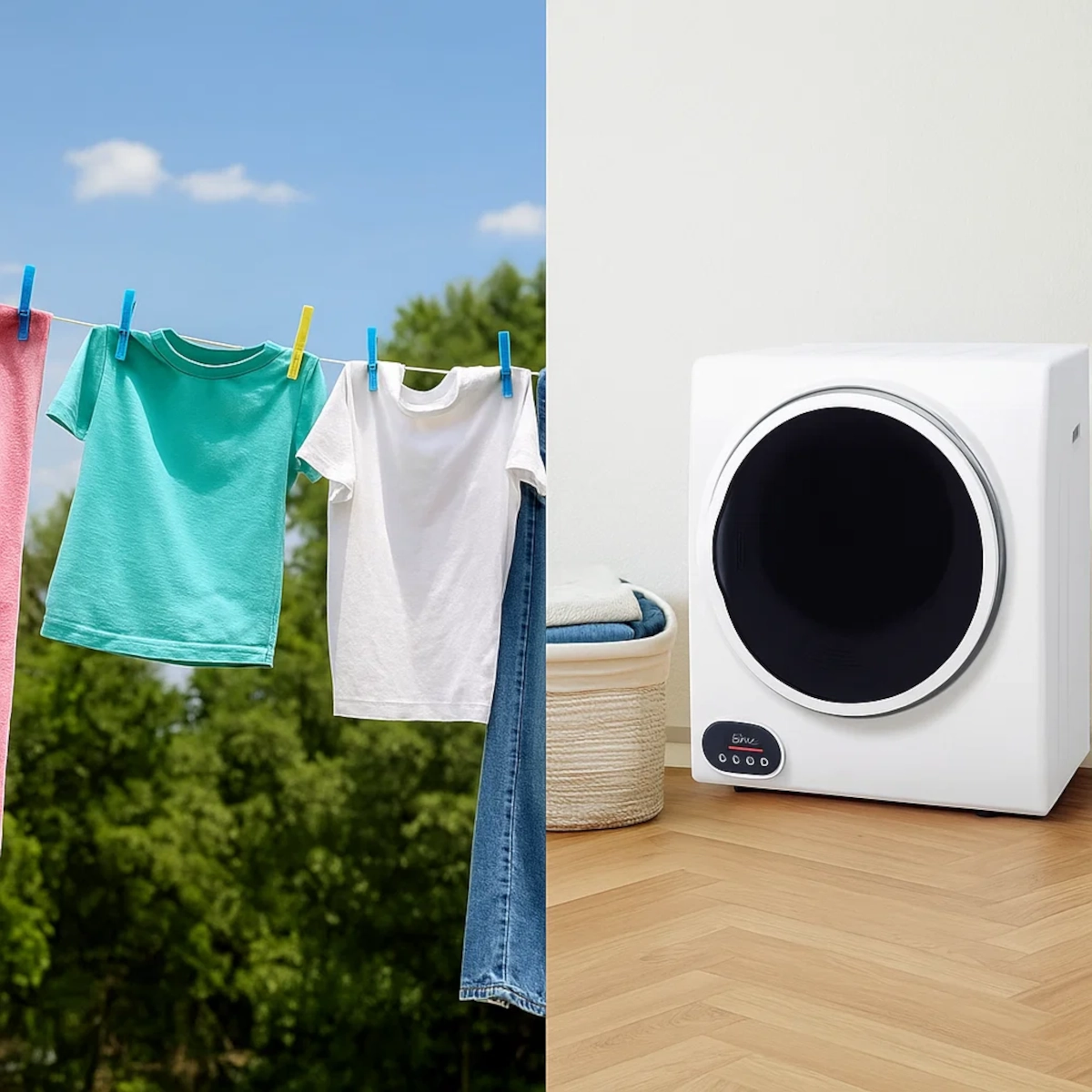 Split image showing clothes air drying outdoors and a compact drying machine indoors.