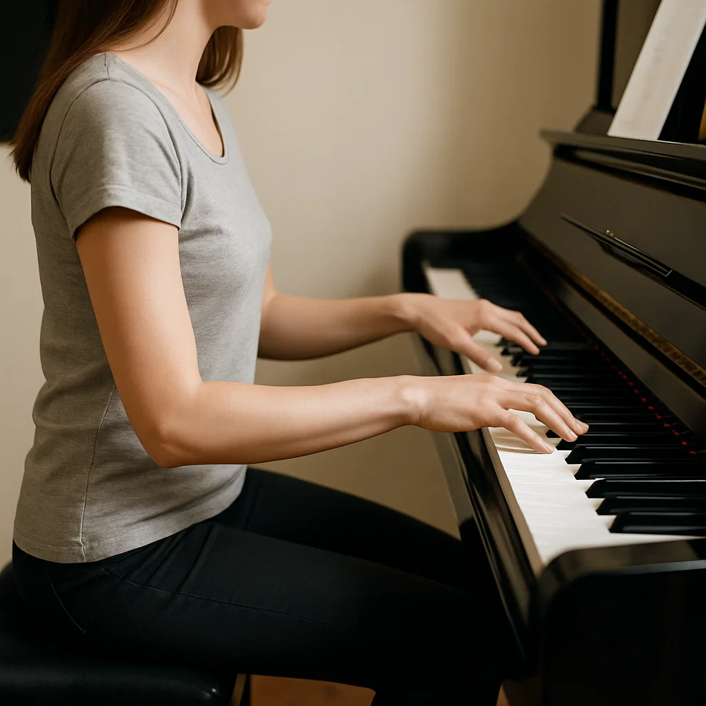 Woman practicing proper posture while playing a grand piano in a relaxed home music setting