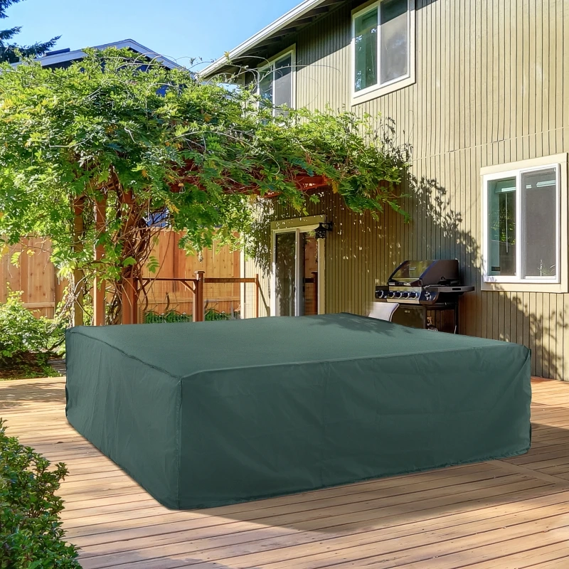 Dark green cover protecting patio furniture set