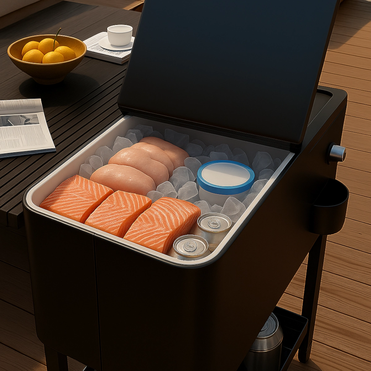 Salmon, chicken, yogurt, and cans packed over ice.