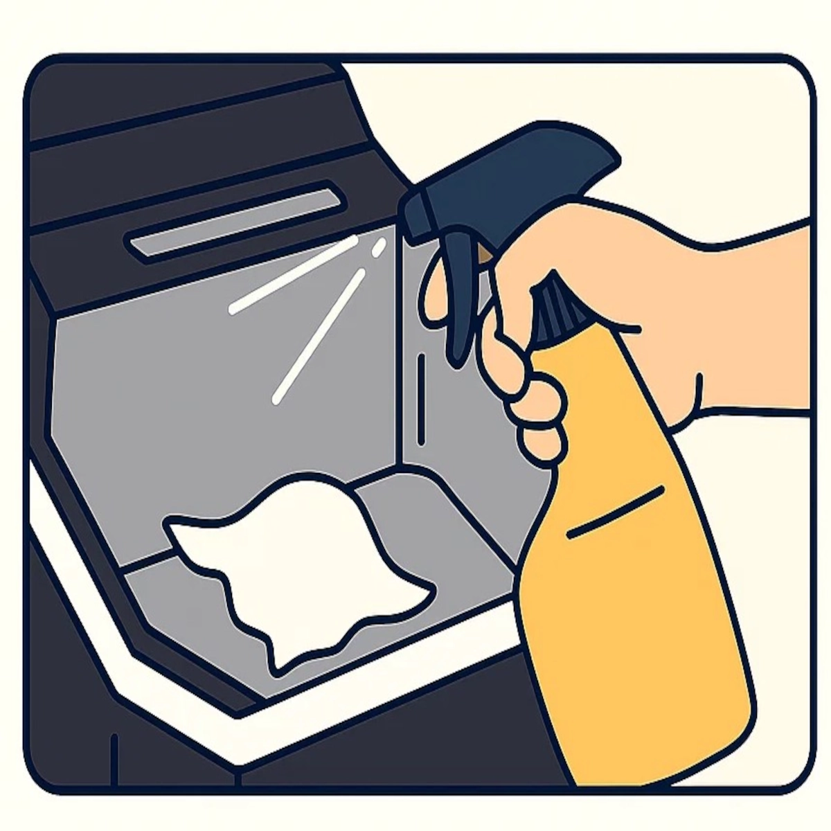 Spray bottle applying cleaner inside ice maker next to a white cloth for wiping.