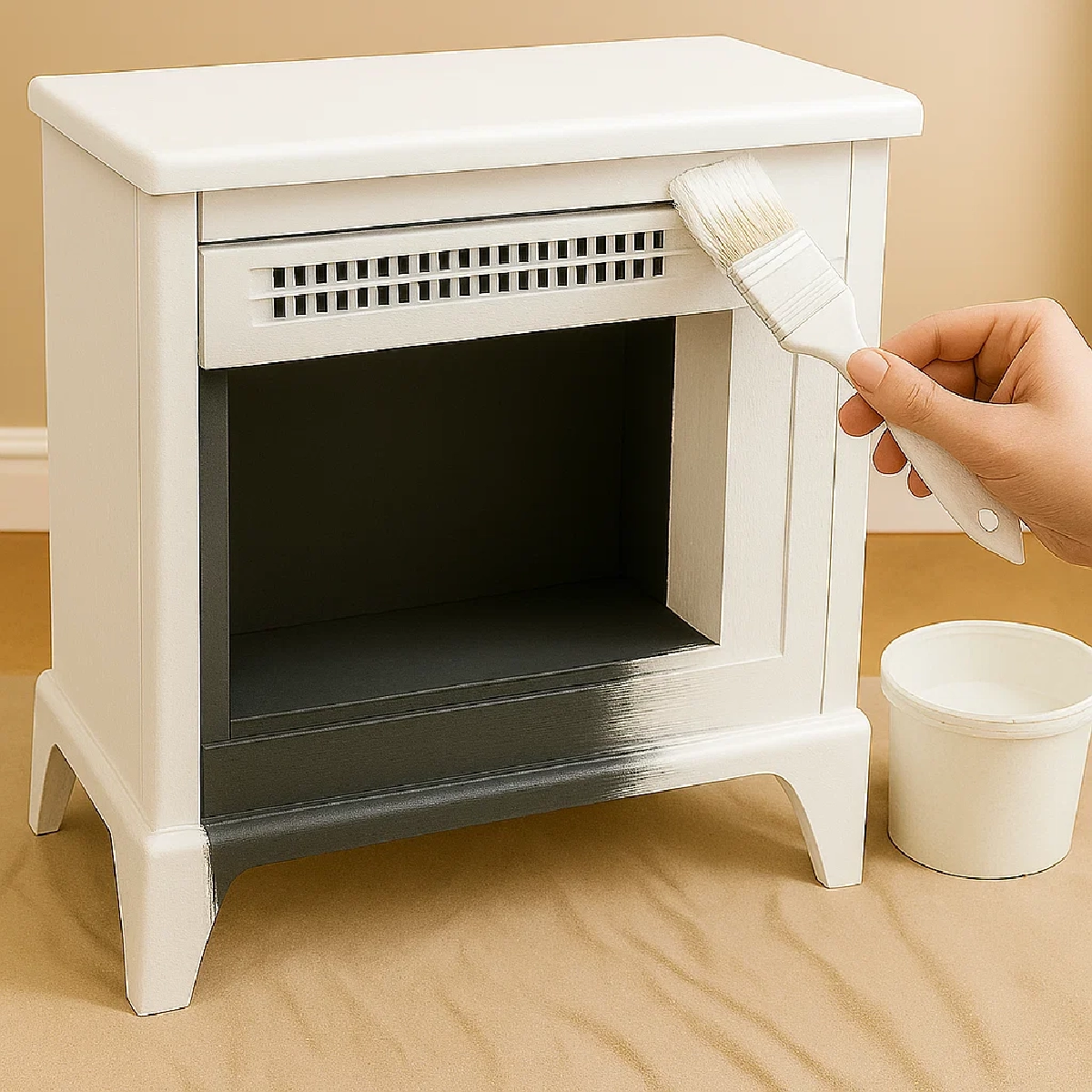 Alt text: White primer being applied to a dark electric fireplace cabinet to prep for painting.