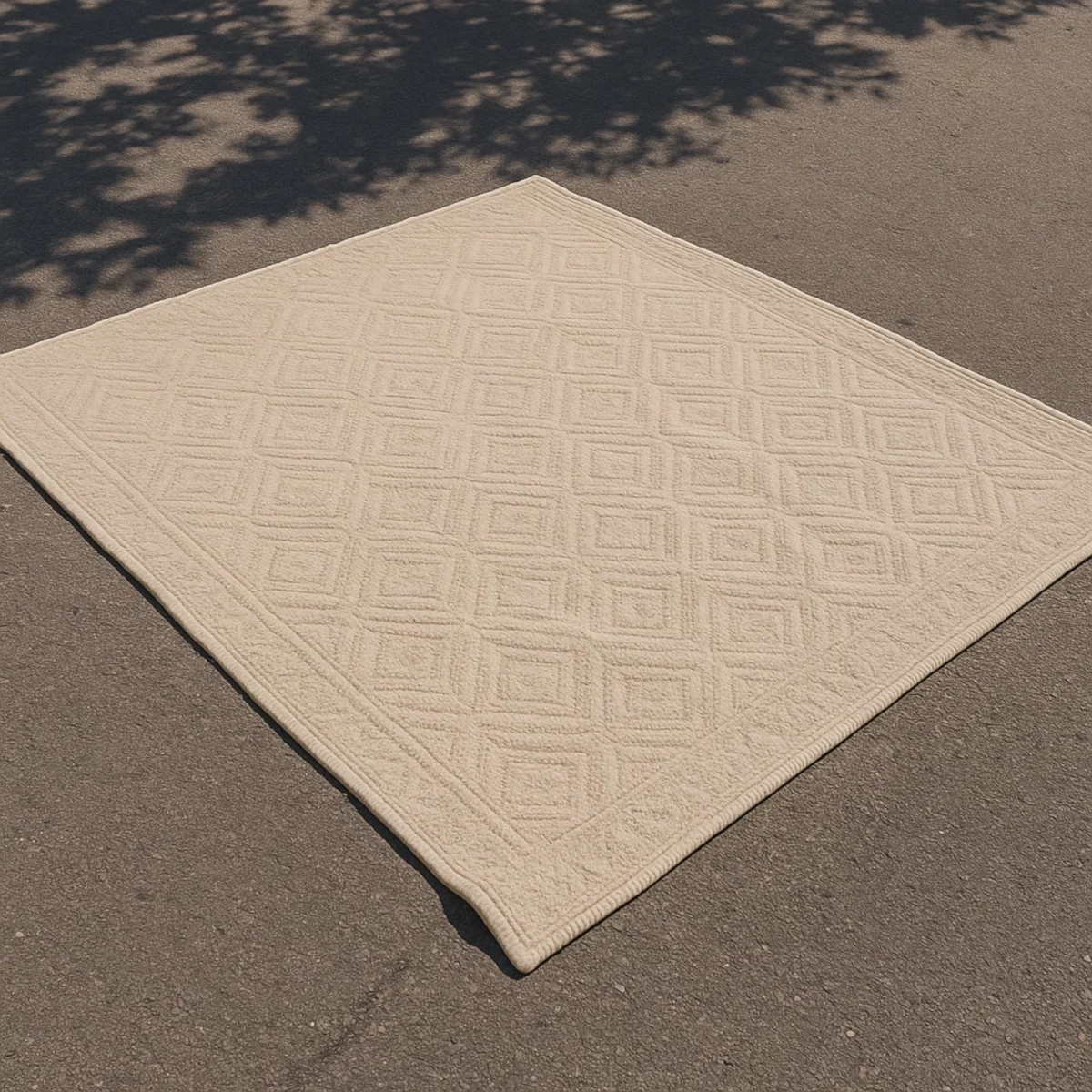 Beige area rug lying flat on pavement under direct sunlight to relax curled fibres.