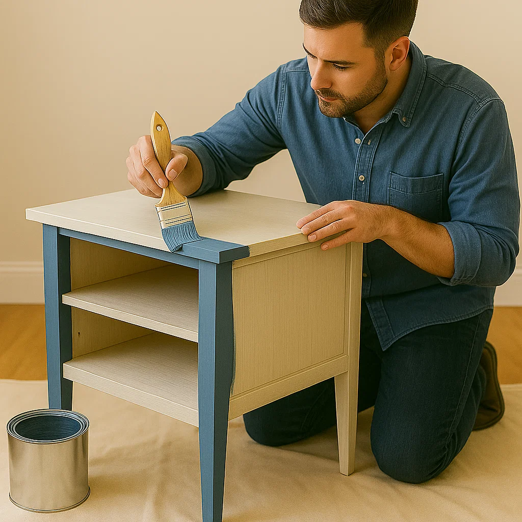 Man painting bedside table blue with brush, applying first coat evenly on wooden surface.