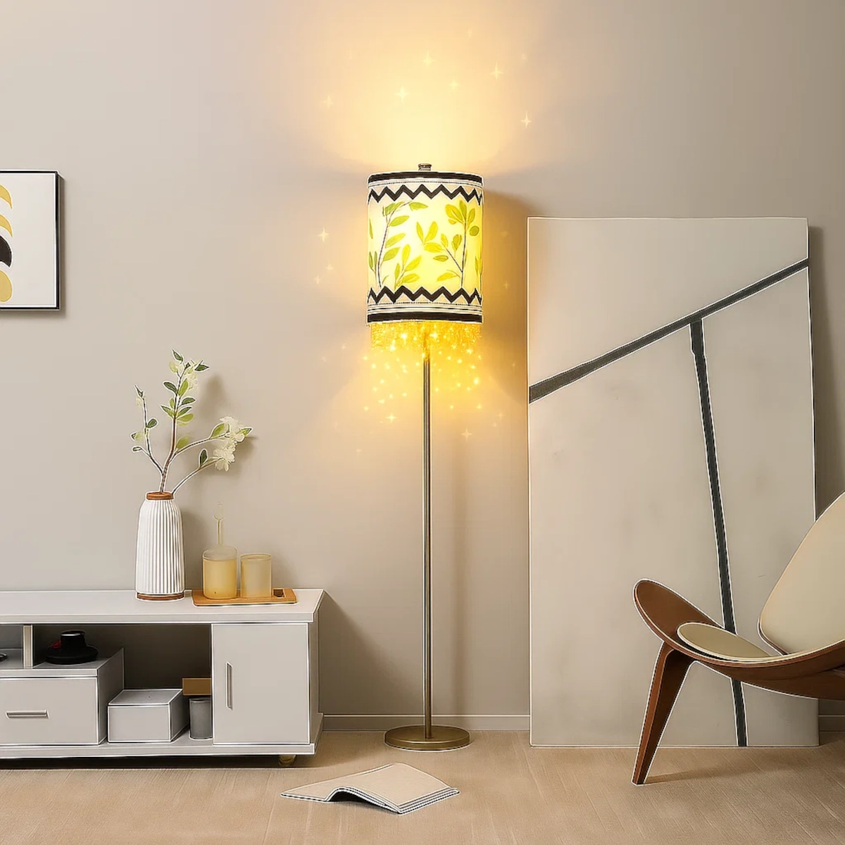 Floor lamp shade styled with creative decals and patterns for quick, renter-friendly customization.