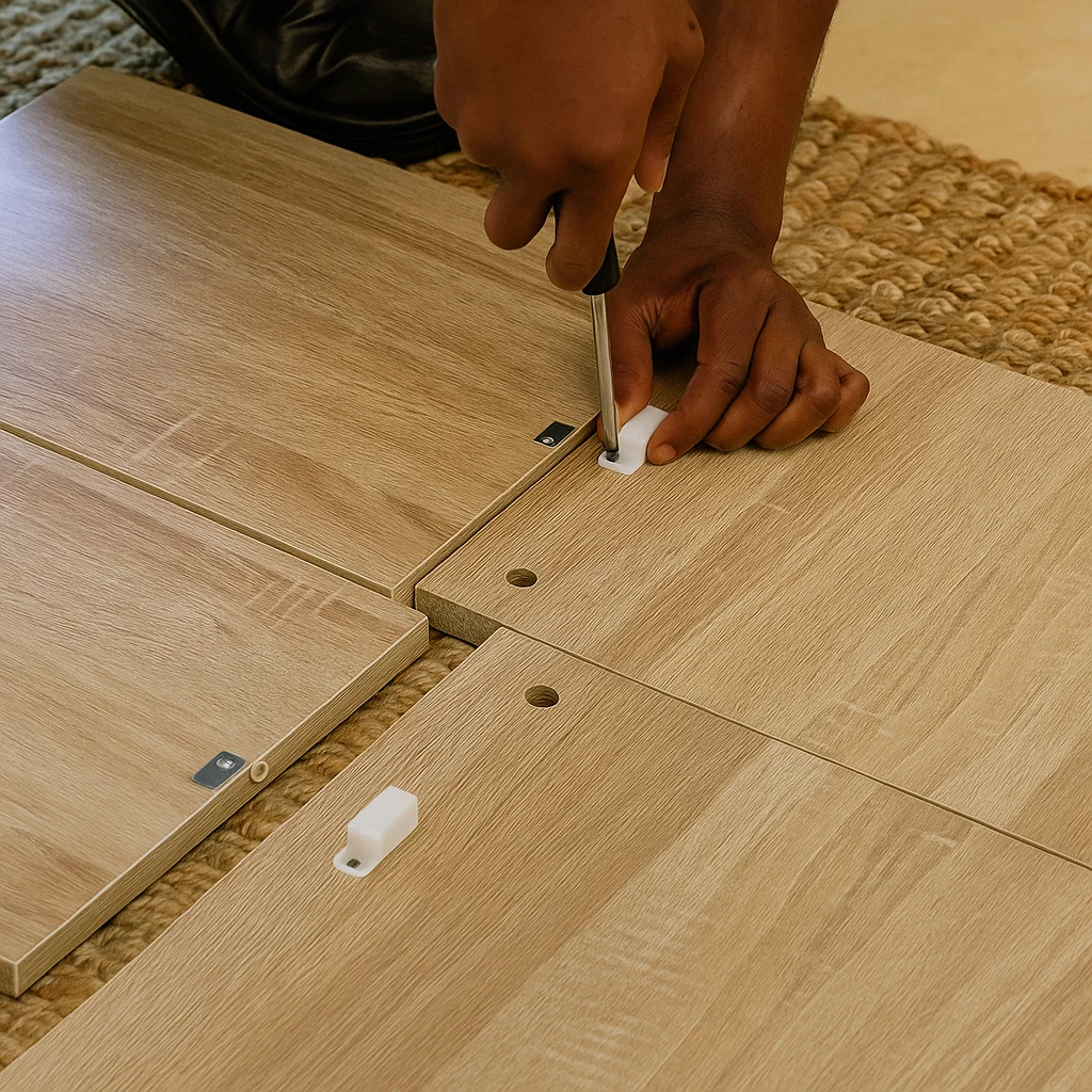 Person using screwdriver to fasten cam lock on wooden board during furniture base assembly.