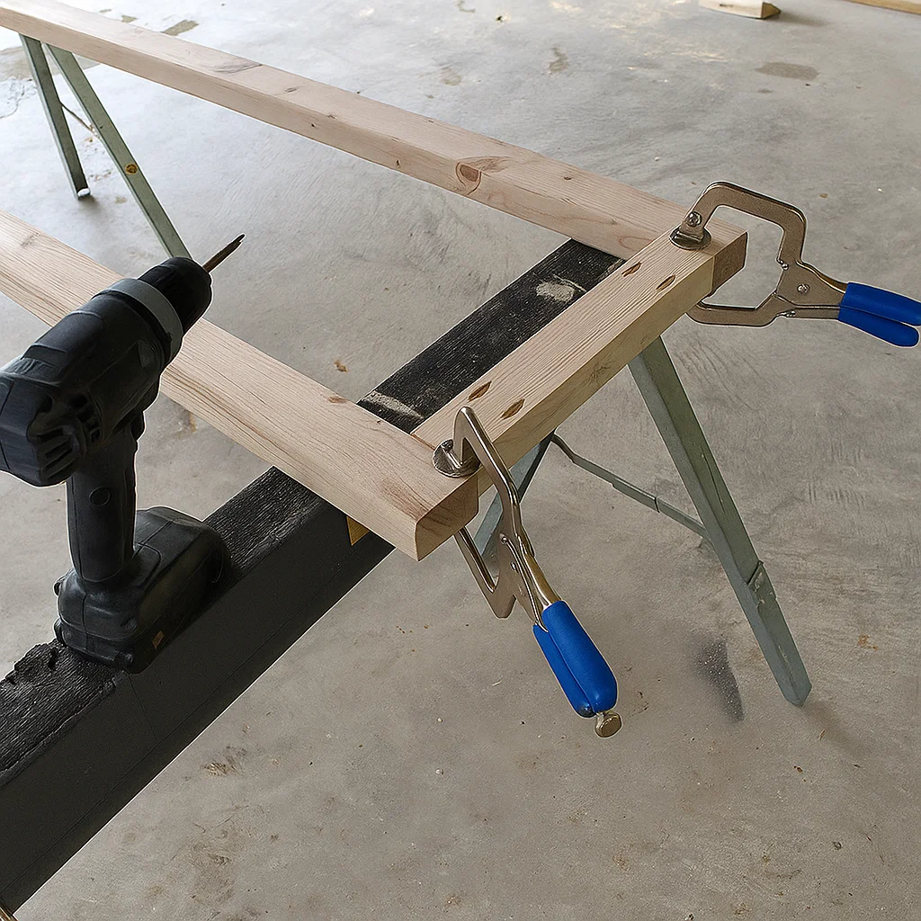 Clamped wooden frame pieces aligned for assembly with power drill nearby.