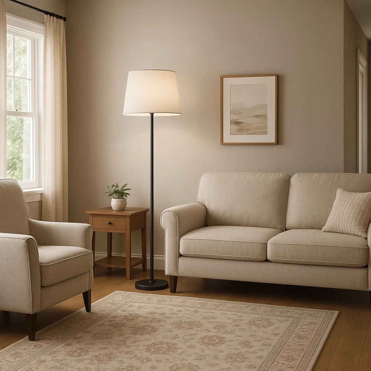 Beige living room with sofa, armchair, side table, and tall floor lamp.