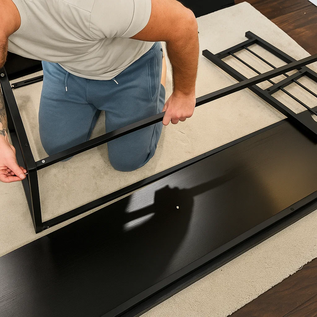 Person assembling console table by attaching metal legs to top.