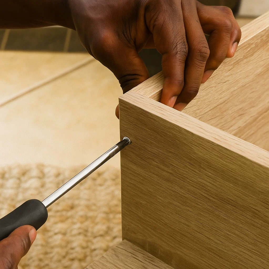 Tightening screw into side panel of wooden furniture while assembling shelf components.