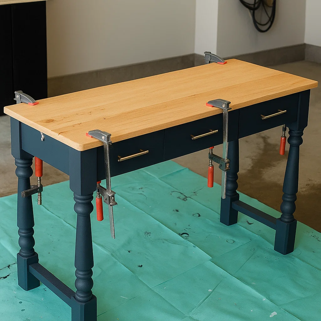 Clamping and screwing console table top to assembled base.