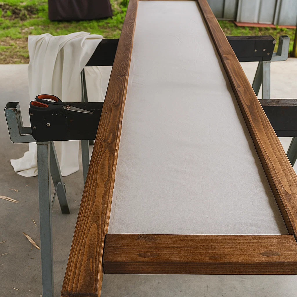 Wooden frame with white fabric stretched inside, scissors resting on workbench.