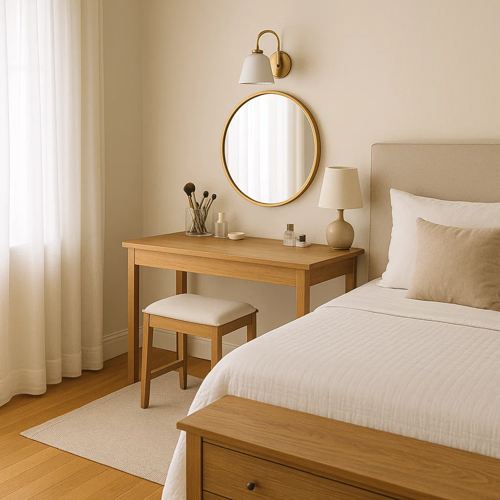 Bedroom with a minimalist console table maximizing surface use in a limited space