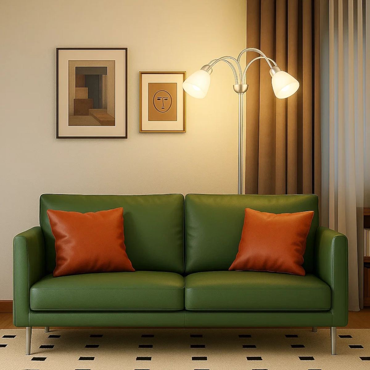 Floor lamp glowing behind green sofa with cushions