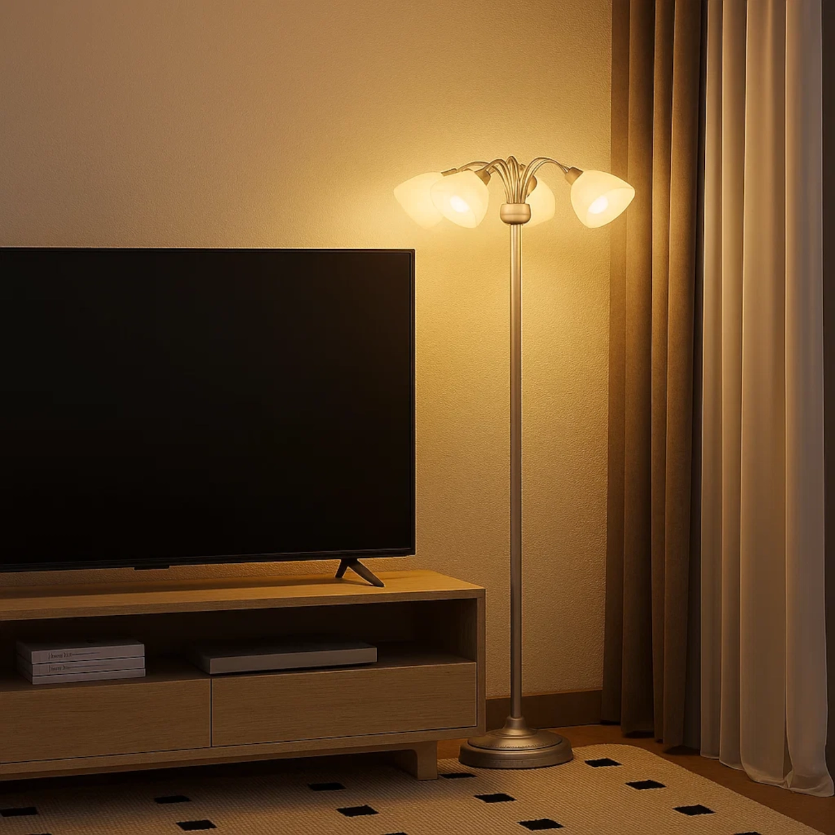 Floor lamp beside flat screen TV and cabinet