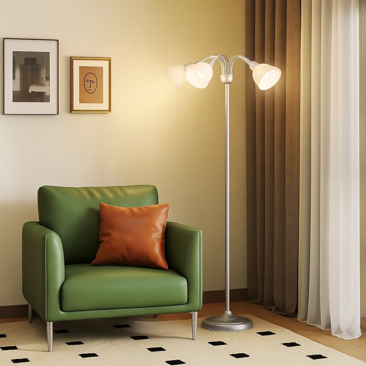 Floor lamp next to green armchair with pillow