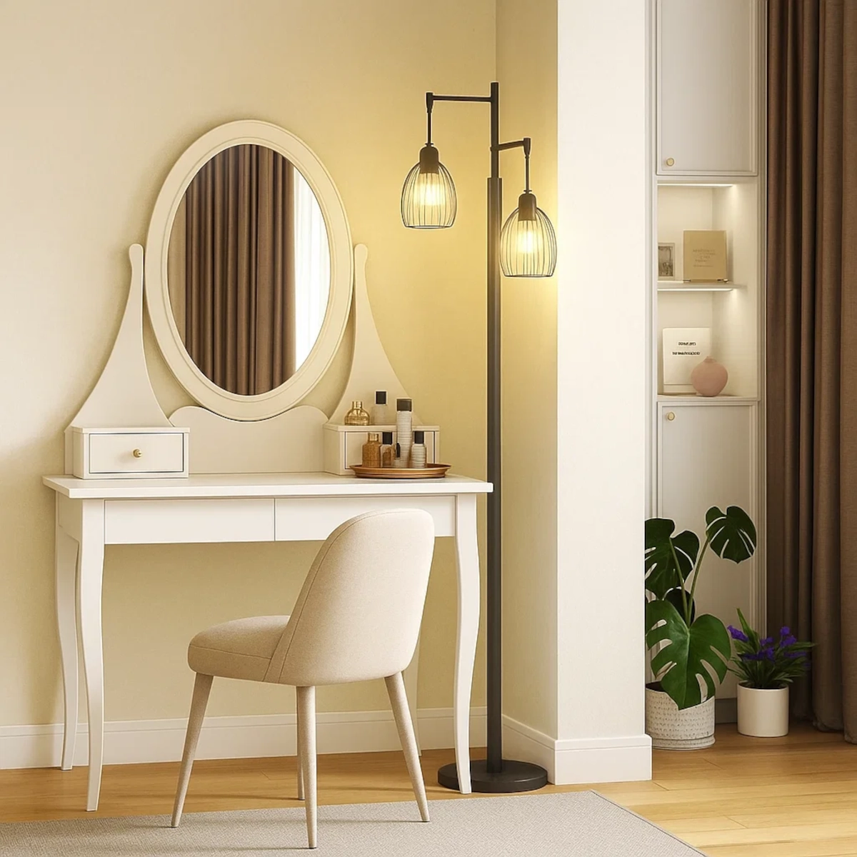 Black floor lamp beside white vanity table with round mirror and beige chair.