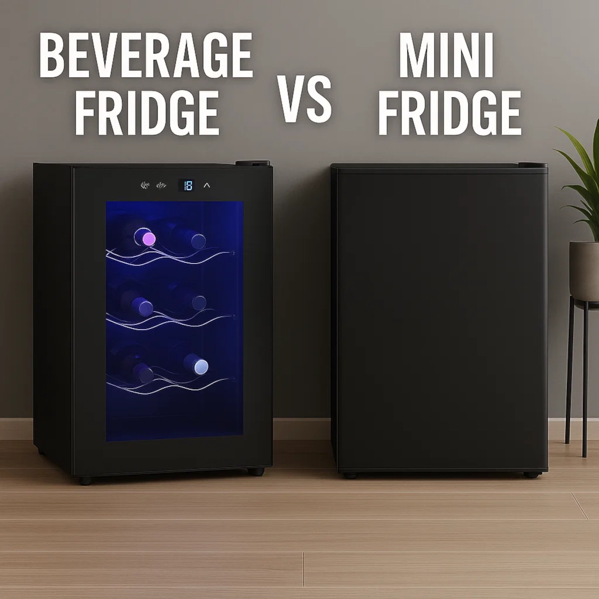 Side-by-side comparison of beverage fridge with glass door and plain black mini fridge