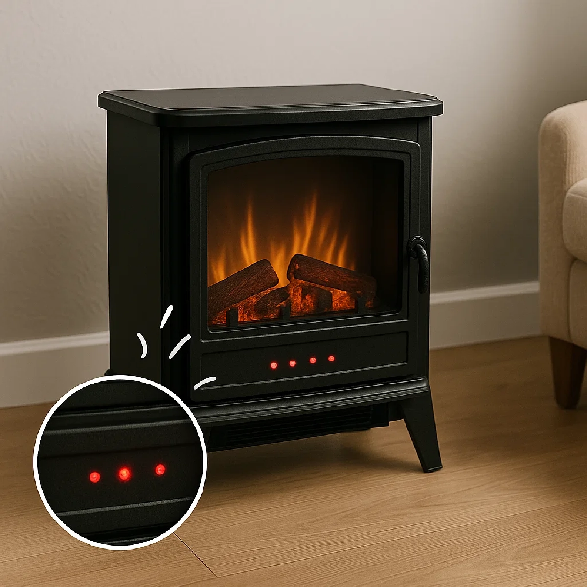 Electric fireplace with red indicator lights signaling system error or operational alert.