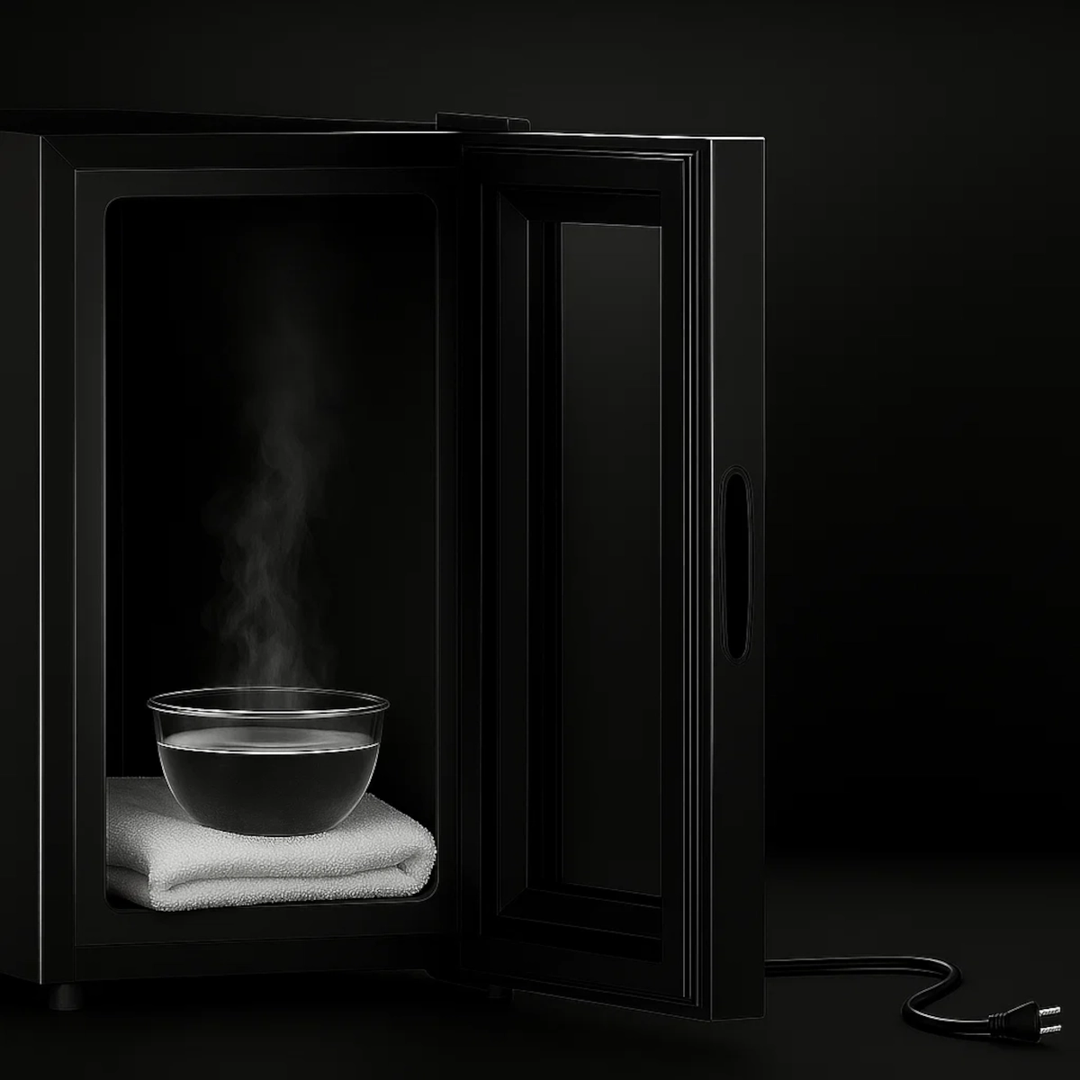 Bowl of steaming water inside fridge to speed defrosting.