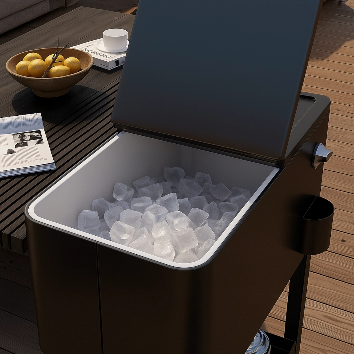 Cooler filled with large ice cubes.