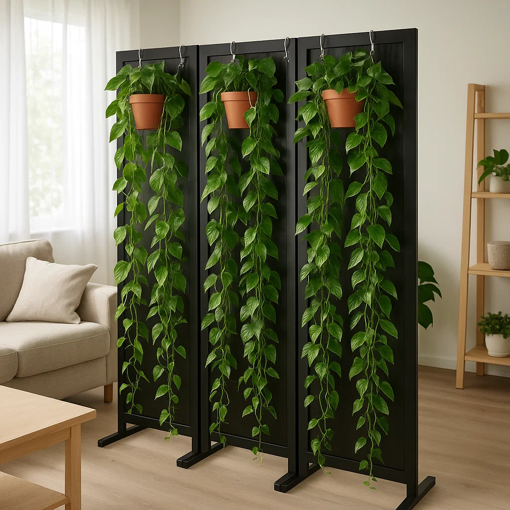 Indoor room divider featuring hanging plants, offering a natural touch to the space.