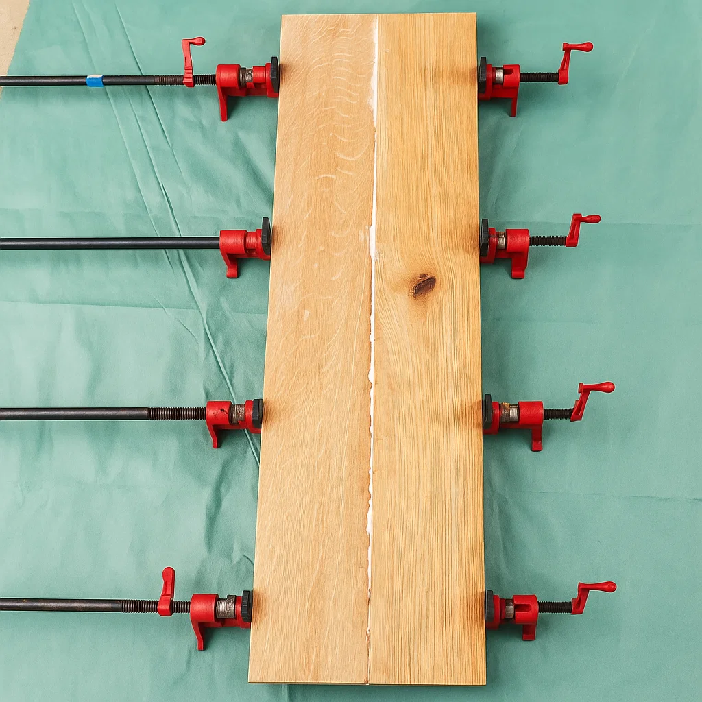 Gluing and clamping boards together for DIY console tabletop.