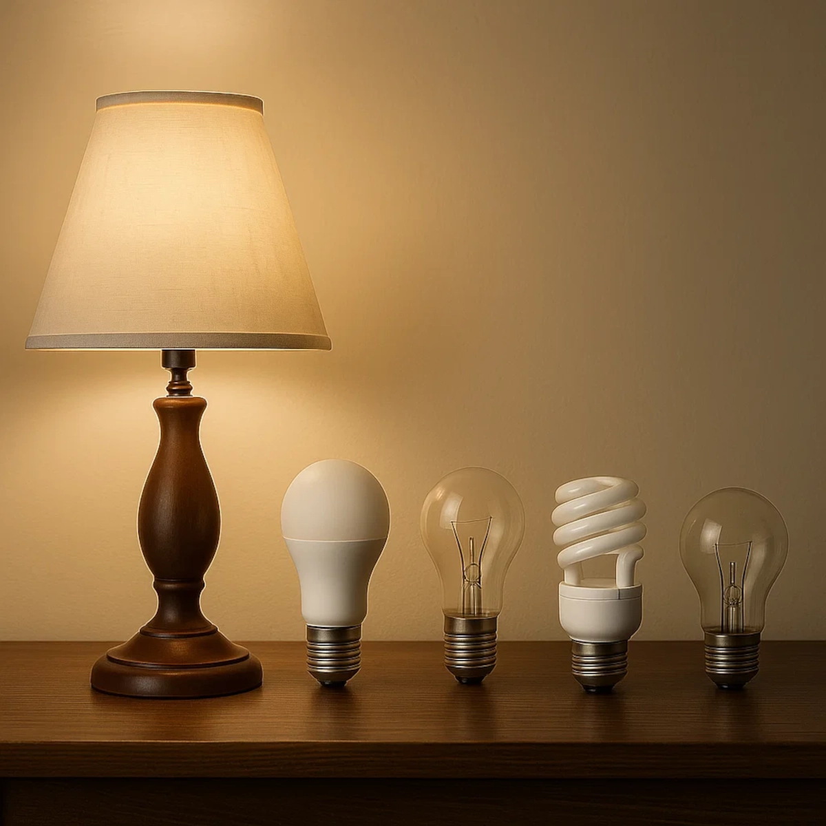 Table lamp beside different light bulbs including LED, halogen, CFL, and incandescent.