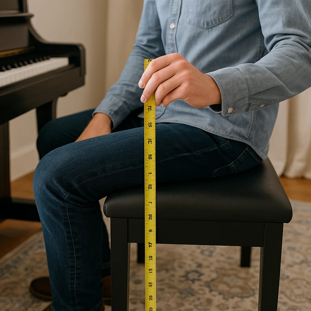 Man holding a tape measure to check piano bench height while seated for accurate adjustment