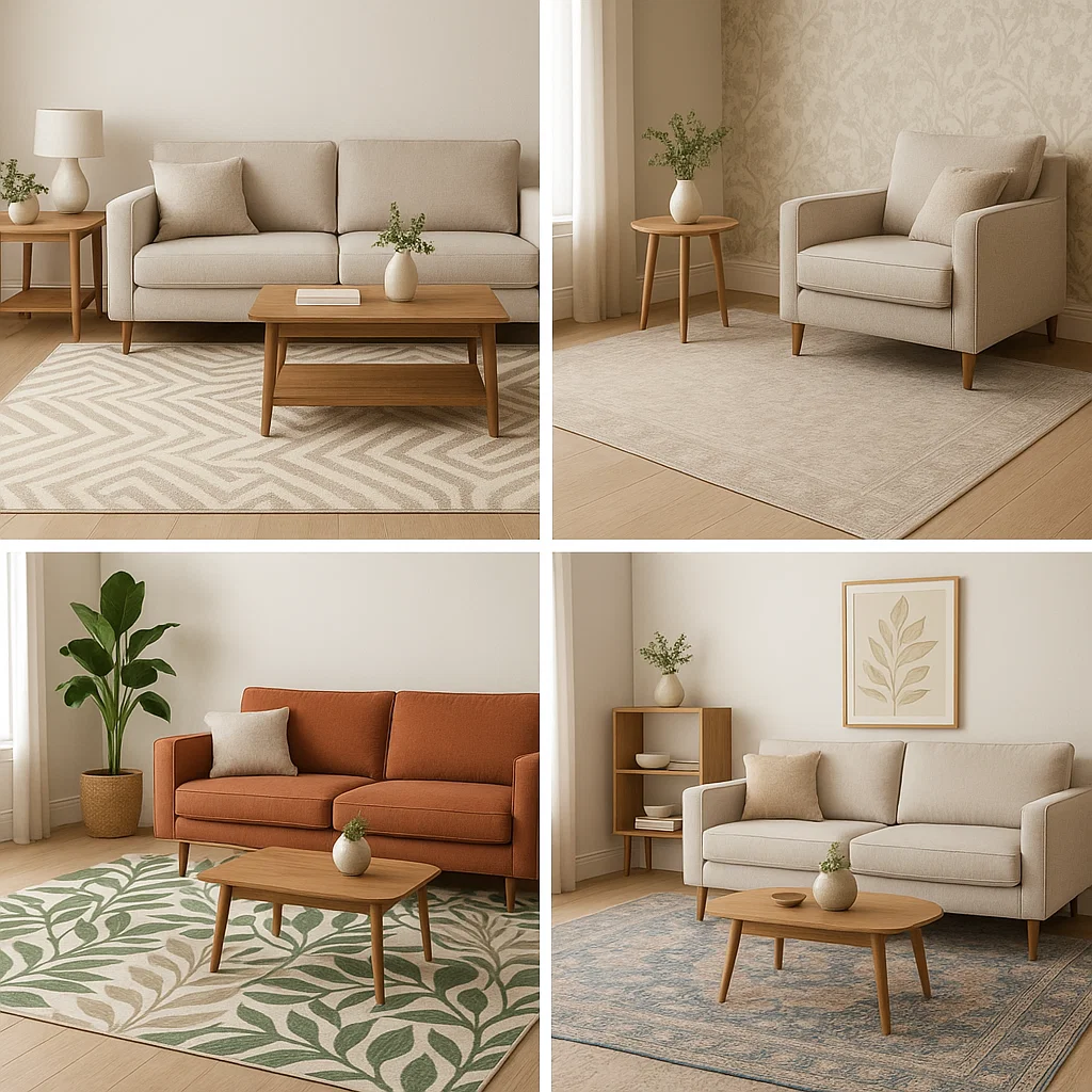 Four living rooms with modern furniture, each featuring a different area rug pattern and layout.