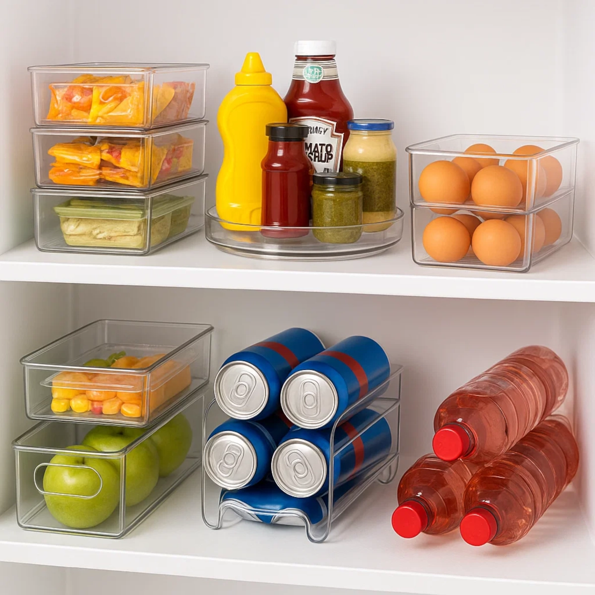 Organized fridge shelves with eggs, condiments, fruits, and drinks stored in clear containers and racks.
