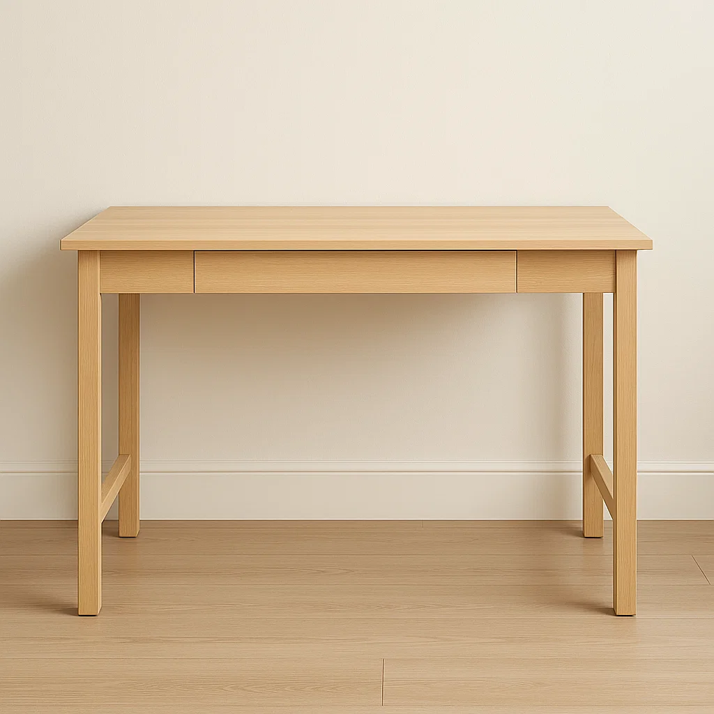 Wooden desk with flat surface, ideal foundation for transforming into a makeup vanity.